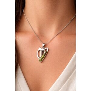 Solvar Irish Harp Pendant Necklace 925 Sterling Silver Connemara Marble Ireland